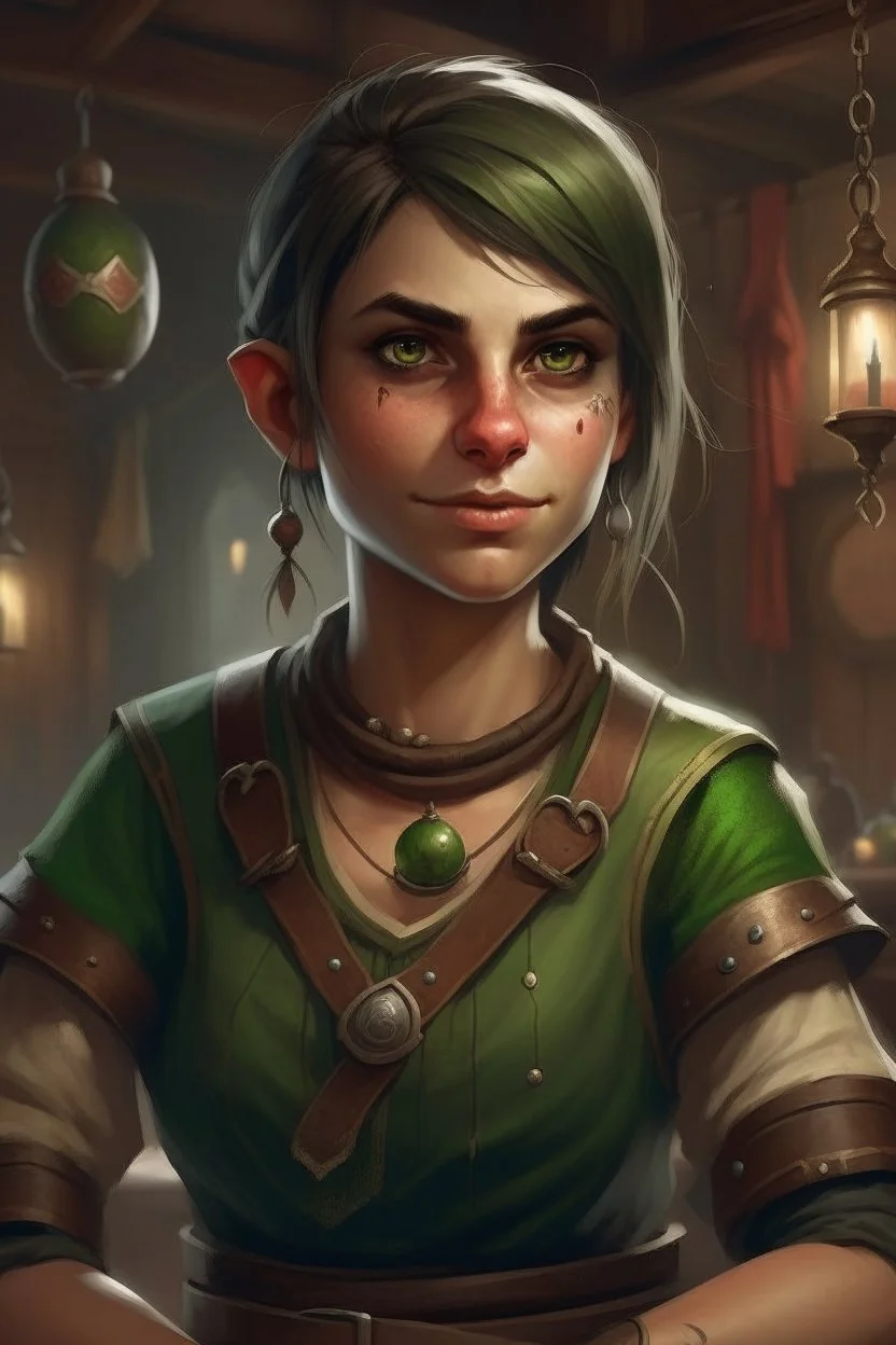 Dungeons and dragons orc young woman. She has green skin. She is kind. She is handsome. She has nice eyes. She has short hair. She is strong. She is in a tavern. She has broad shoulders. She has a large jaw. She wears casual peasant clothes. Realistic style