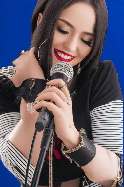 attractive female country music singer leaning forward while holding microphone in one hand, other hand brought up to side of neck, change clothing to plaid in natural tones, leather bracelets on wrists, long hair, mouth open singing, rings on fingers, eyes closed