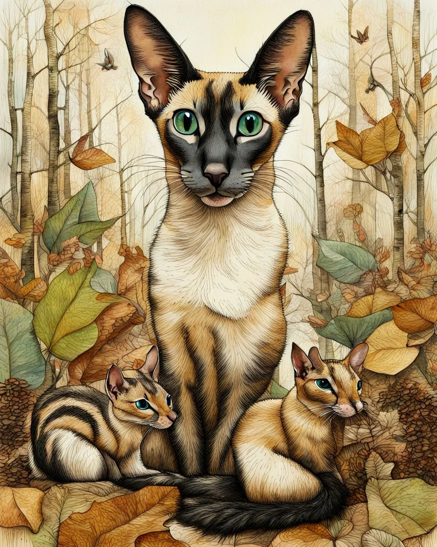 mixed-media picture of an autumn forest, a sitting up Oriental shorthair Siamese cat , with chipmunks and squirrels created in the style of Bohdan Pylypiv — combining pyrography with delicate watercolor accents. The main outlines and facial features are rendered with fine woodburned lines, rich in sepia, black, grey, green and brown tones and texture, pastel colors