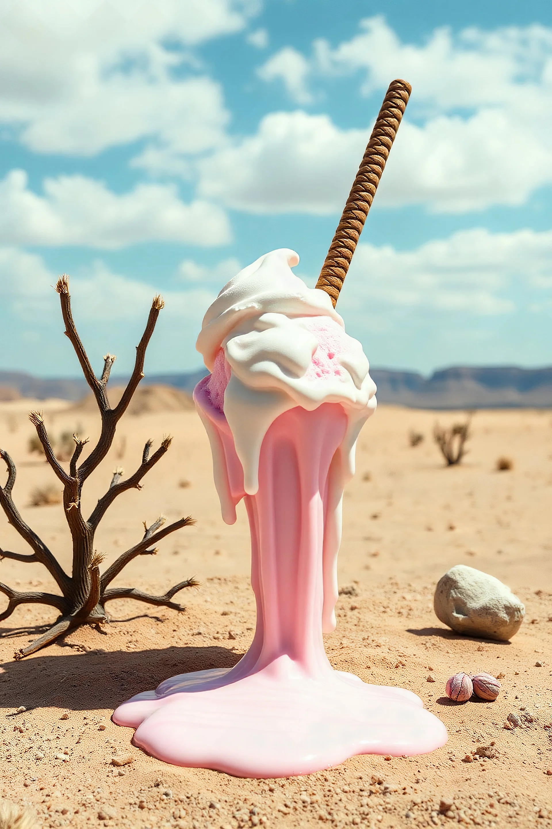 Time melting like bubble gum ice cream, a doll dripping, surreal desert landscape