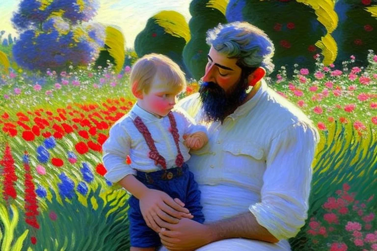 An oil painting of a father with his son in a flower garden by artist "Claude Monet"