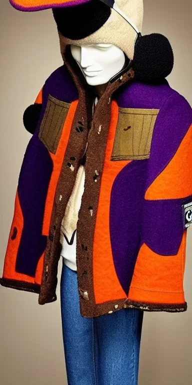 Brunette she. average body type. big head. Mantle is sewed of upcycled Denim and sewed together of camouflage pieces. Pieces' color are orange, cream and purple. It is with big bright purple felt tippet and cream-colored-hood. mantle is merged with satchel. . Big AKG-style headphones (gold rings!) is merged with small felt cap with small visor. Style: Haute Couture in 1910's, Paris fashion in 1998, inspired by street art. Cream latex gaiter. Her head and rest body!