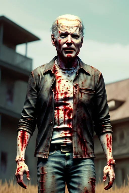 Ultra realistic image, joe biden zombie, zombie performance, blood, torn arm, night, walking twisted, waist up view, walking dead style, dark ambient, highly detailed, sky background, concept art, unreal engine 5, god rays, ray tracing, RTX, lumen lighting, ultra detail, volumetric lighting, 3d, finely drawn, high definition, high resolution.