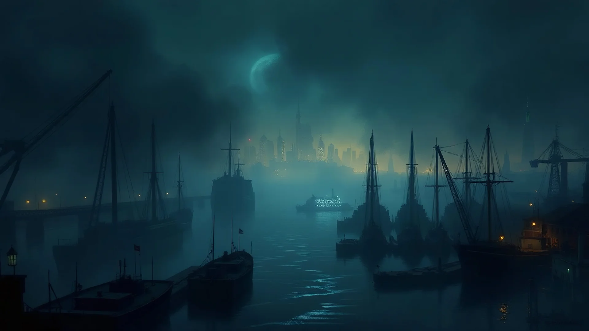 a painting of Gotham's Foggy Harbor: The docks of Gotham Harbor shrouded in thick fog. Silhouettes of ships and cranes loom in the background, with the faint glow of city lights in the distance, Gotham city :: dark night, gothic architecture, noir film ambiance, modern days, autumn :: a storybook illustration by James Gilleard, accurate details, behance contest winner, 2d game art, storybook illustration, rich color palette