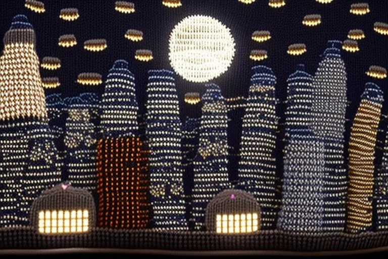 knitted city at night in moonlight