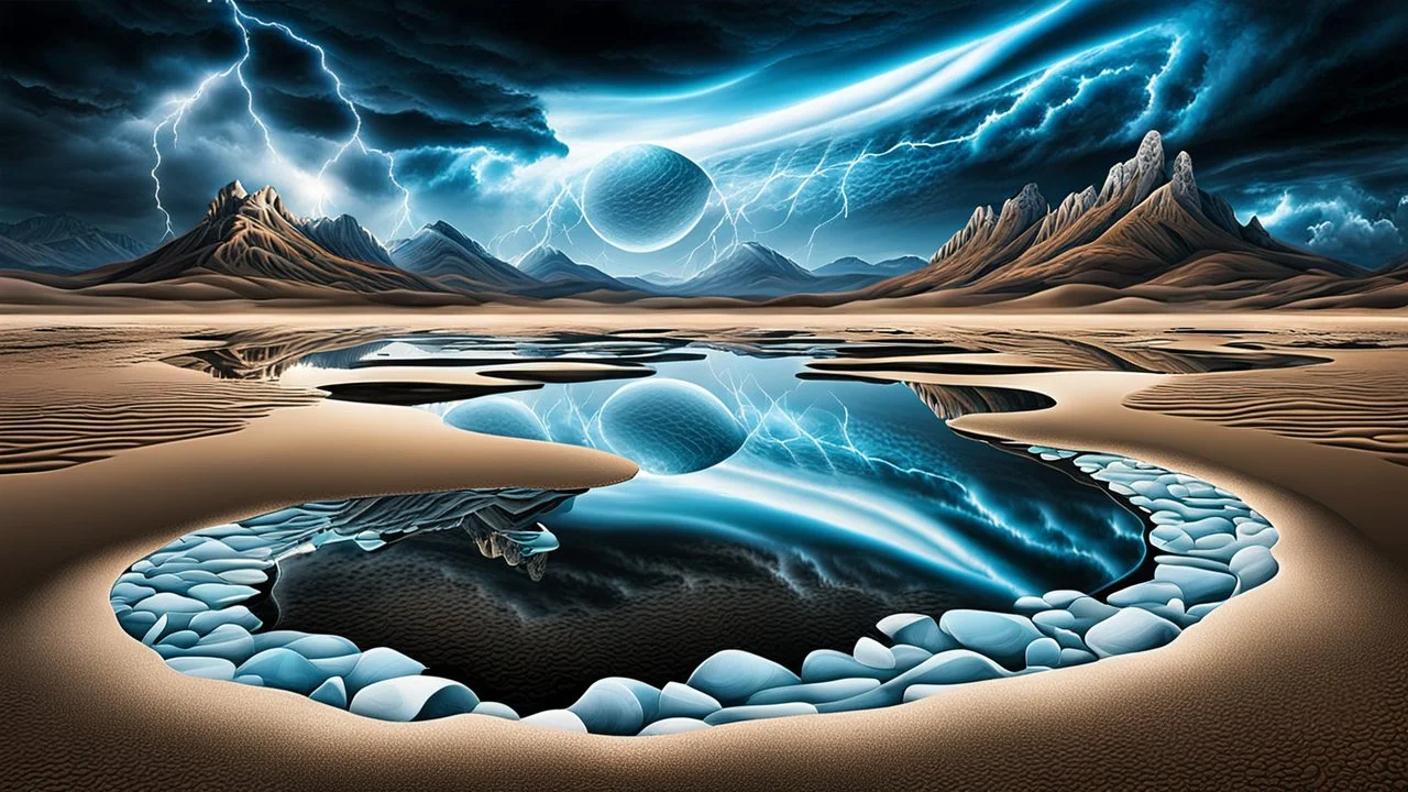 Abstract Landscape with surreal iced desert, mountains, iced water, reflections. The scene features circles and ovals, all enhanced by overlapping shadows and reflections, adding depth and dimension. The sky is dramatic, filled with swirling dark clouds and lightning, creating an intense atmosphere. In the scene old bones lying in sand in the right side. The color palette consists of rich, deep hues, shadows and lights, watercolor and dark ink, like a dark dream