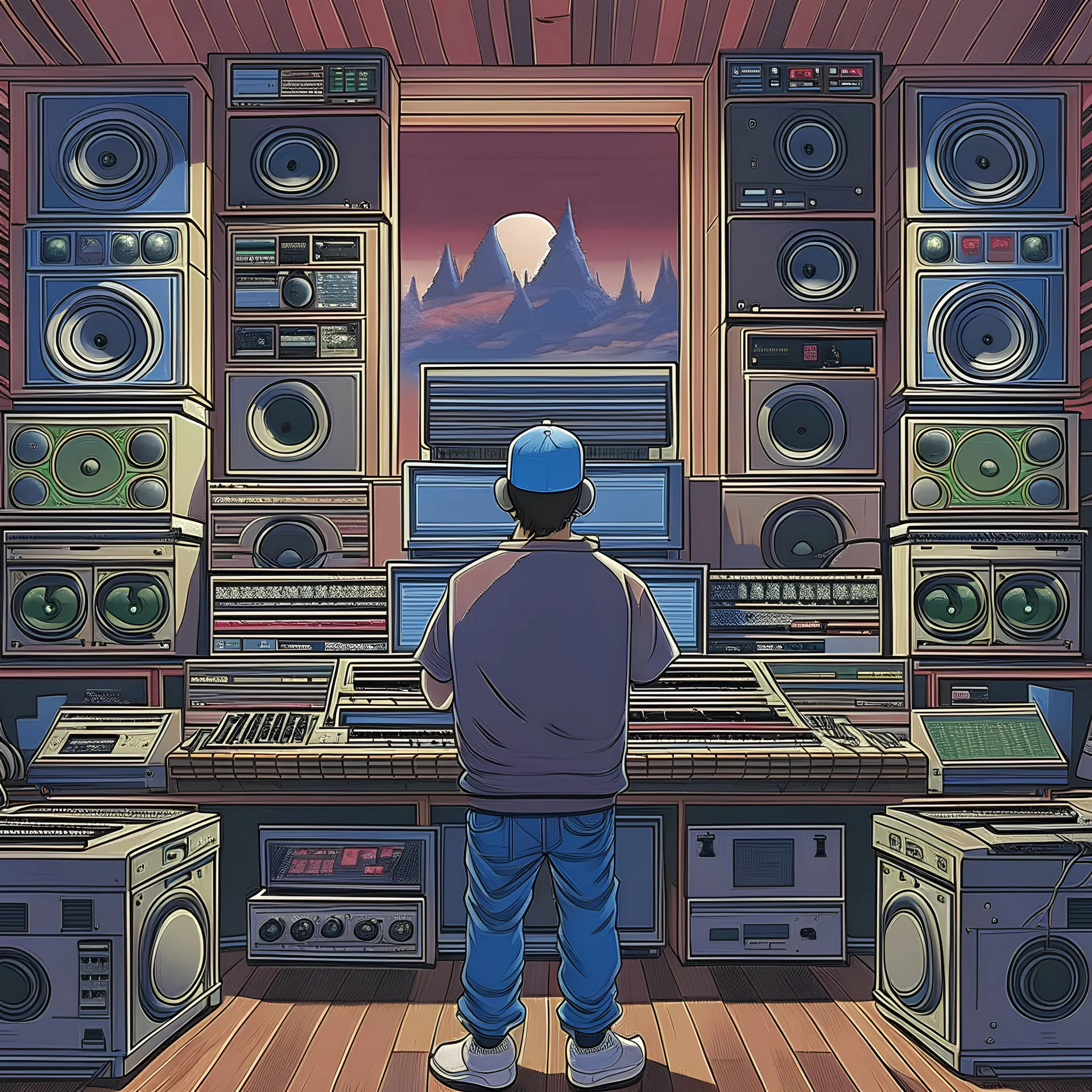 COVER ART, MUSIC, 90S, NOSTALGIC, MUSIC PRODUCER, BACK, FACING AWAY, HUGE ROOM, FAR AWAY, VIDEO GAMES, NEWS, SPEAKERS, MUSIC PRODUCER