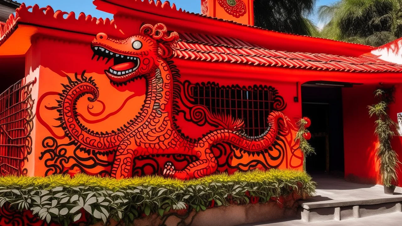An orangish red pepper palace with a fiery dragon painted by Keith Haring