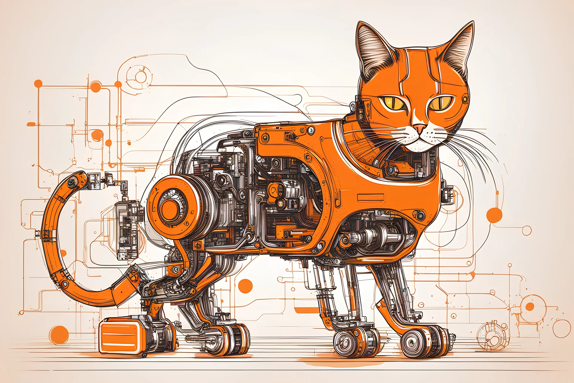 cat, orange, robotics parts, lineal draw, sketch style, tecnological background.