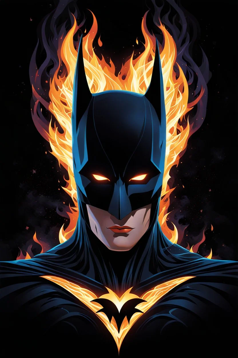 Captivating minimalist illustration of cosmic Batman, made up of intricately intertwined black flames. Her intense, bright eyes draw the viewer into her mesmerizing gaze, the pulsing energy of each flame creating a euphoric symphony within the heart. Dark background,the bright striped tail adds depth and dimension to the scene,evoking a feeling of dark fantasy, intriguing and mysterious aura. Vector pop art cinematic piece masterfully combines light and shadow, leaving the viewer in awe.Full bod