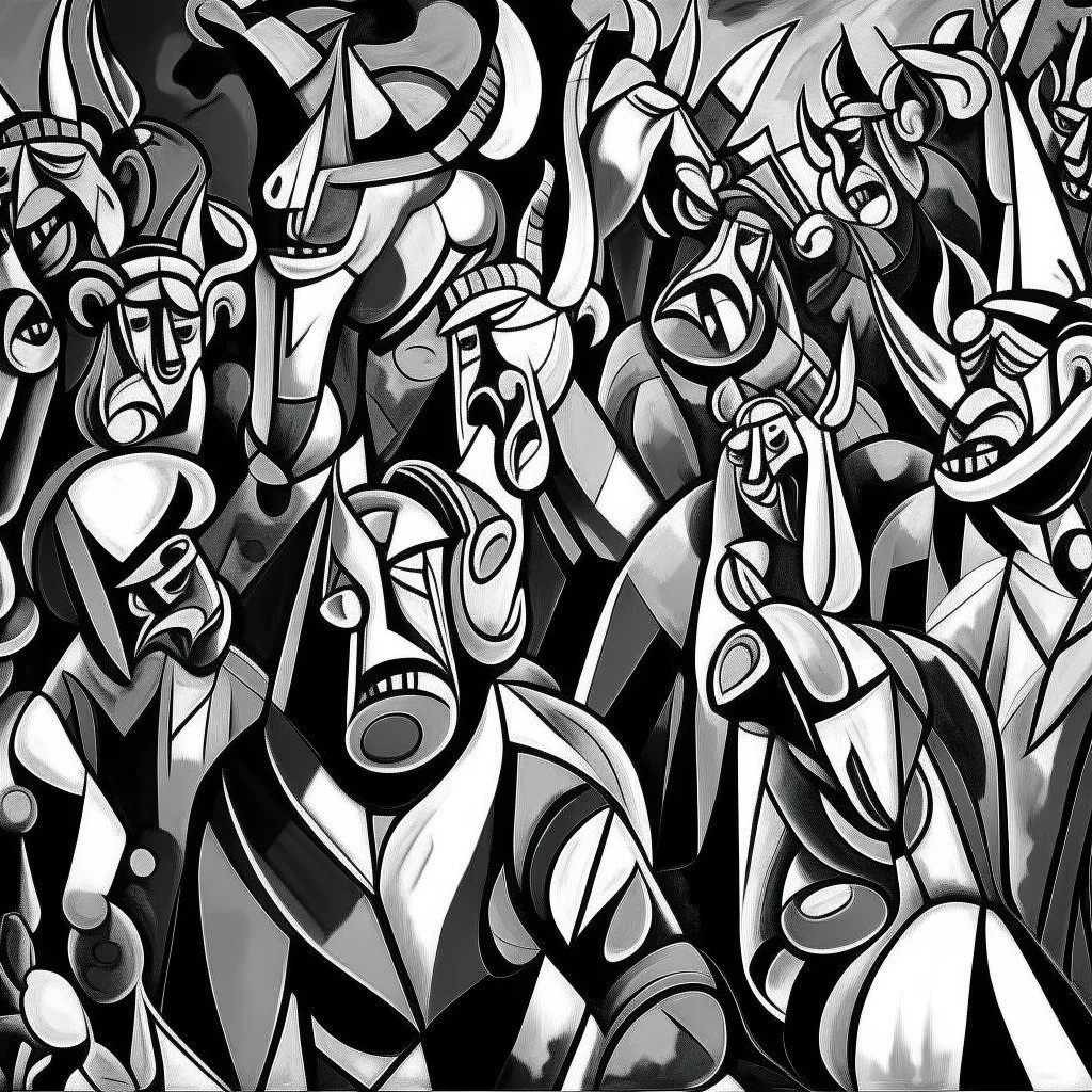 picasso cubism crowd of people black and white screaming bull in the middel