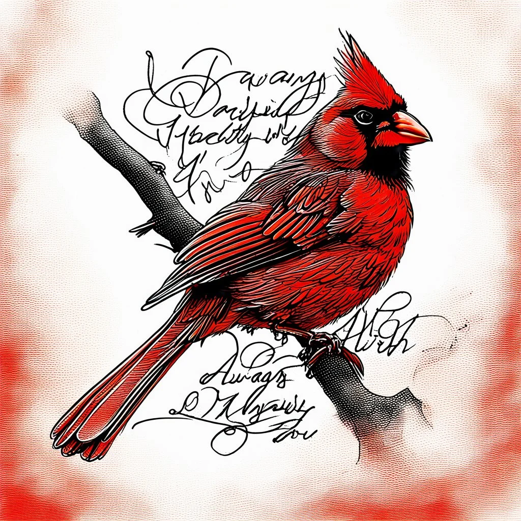 a vibrant digital chalk sketch painting featuring a double exposure image of a beautiful majestic red cardinal, ultra-detailed, within the body of the cardinal is a heart with the words "I AM ALWAYS WITH YOU" in a beautiful script