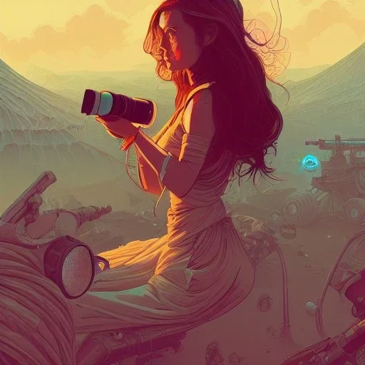  beautiful girl, Camera., concept art, hyper detailed, asaf hanuka, dan mumford, kilian eng, post-apocalyptic, oil on canvas,