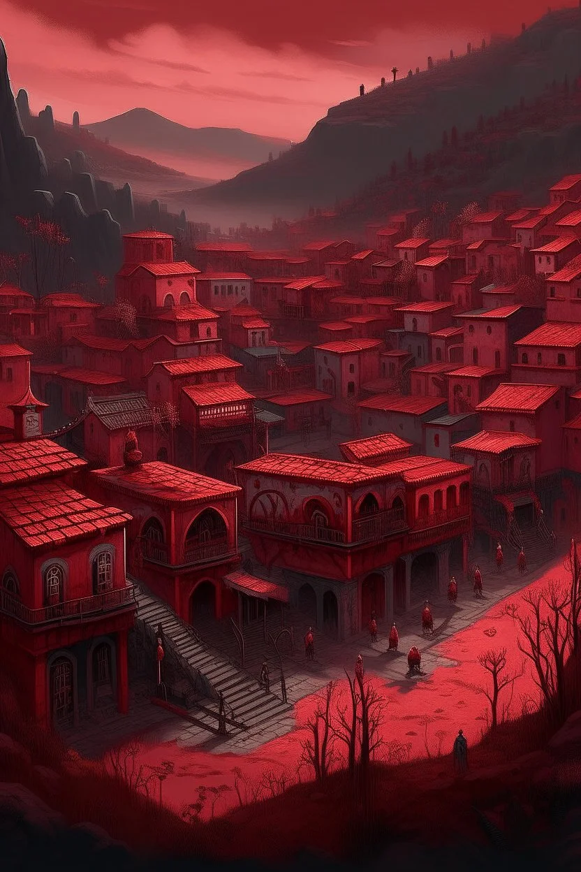 A dark red Day of the Dead themed town painted by Cai Jia