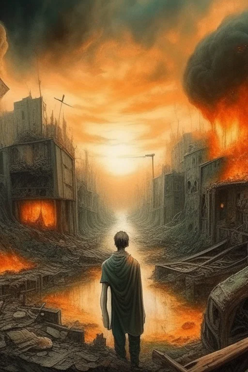 A man open his belly and showing inside it a big city has been destroyed by war and fire in surreal paintings style