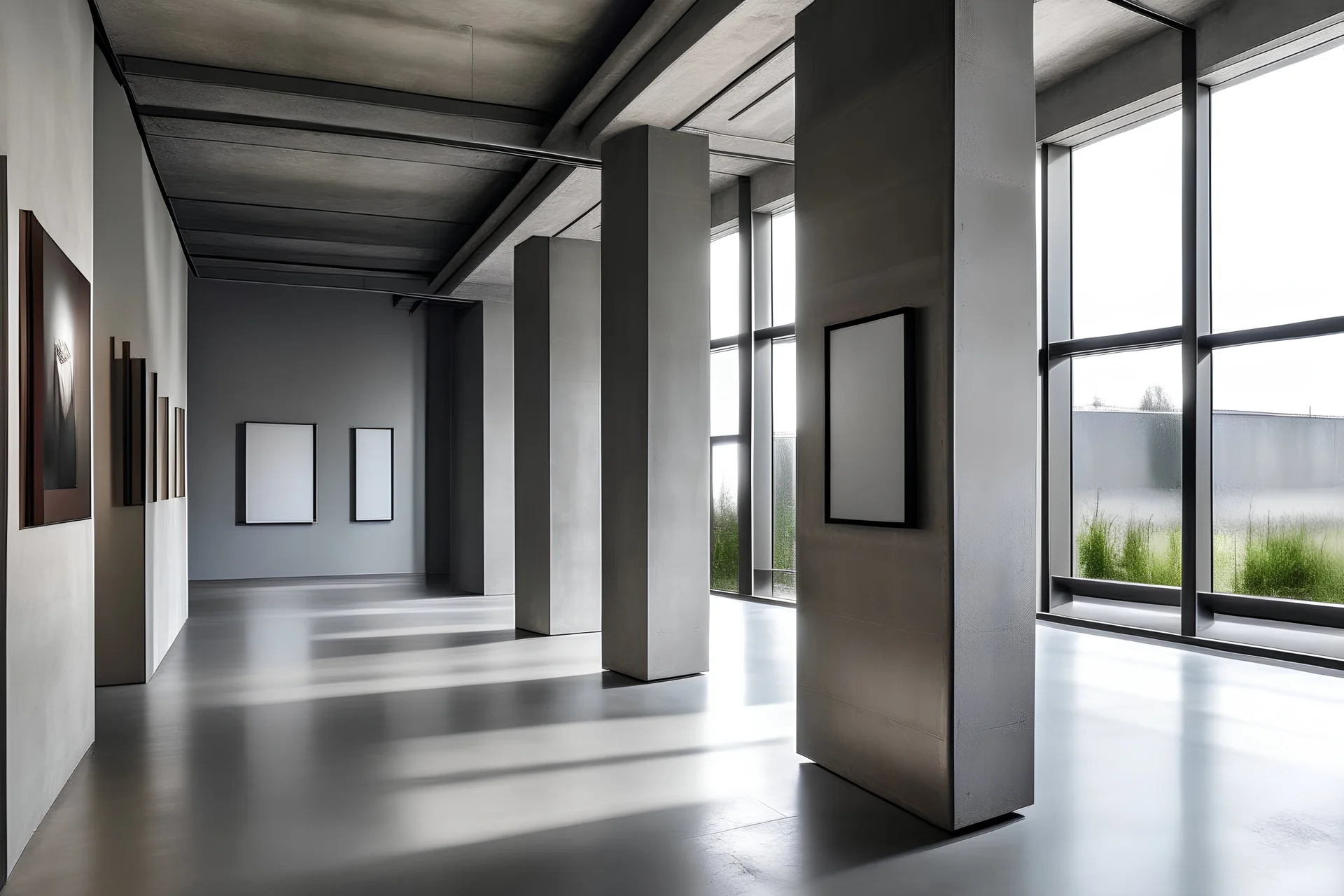 an exhibition room with tall concrete walls and a wall in the middle