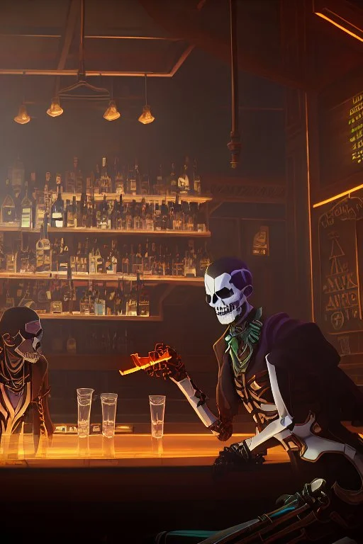 Skeletons having a drink at a bar counter, smoking sigars