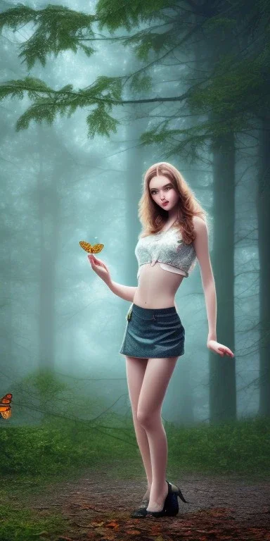 Beautiful girl in Gazebo picture in foggy forrest afternoon, butterfly, 8k resolution, super detail realístic, fantasy