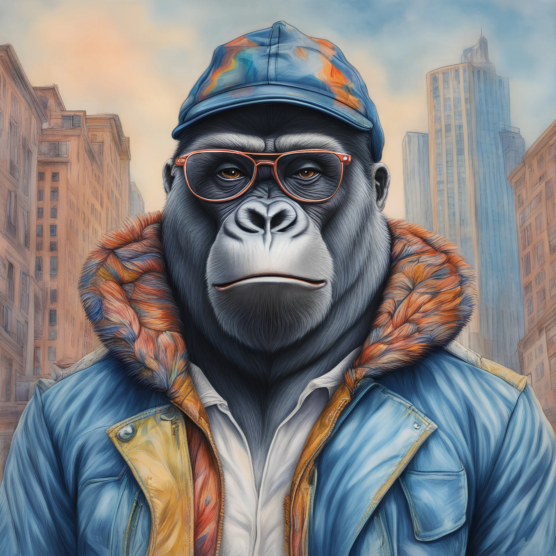 Hermoso dibujo a lápiz coloreado de gorila con chaqueta, gorra y anteojos de sol, obra de arte, calidad ultra, maximalista, 12k , fondo de ciudad