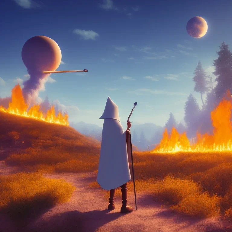 The mouse and the grim reaper on fire world, discussing the future of the universe, art by Pixar and Magritte