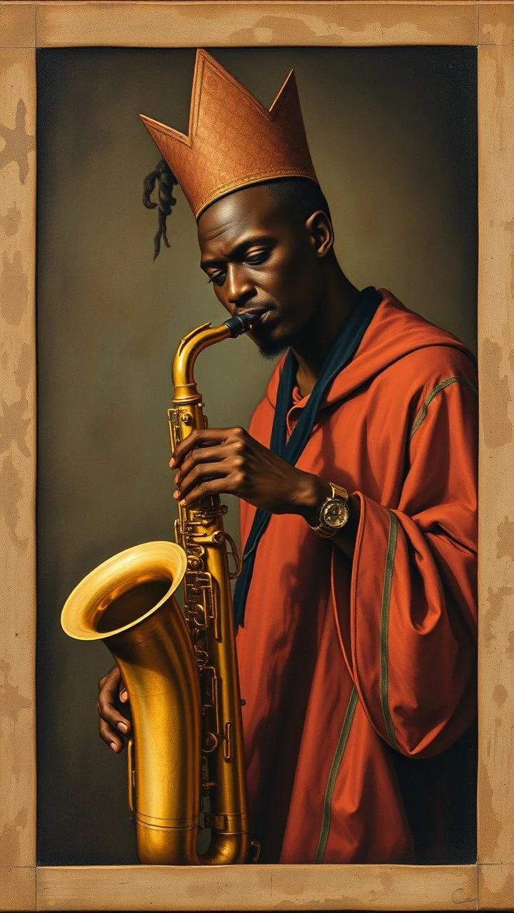 Hieronymus Bosch style , a black man playing the saxophone