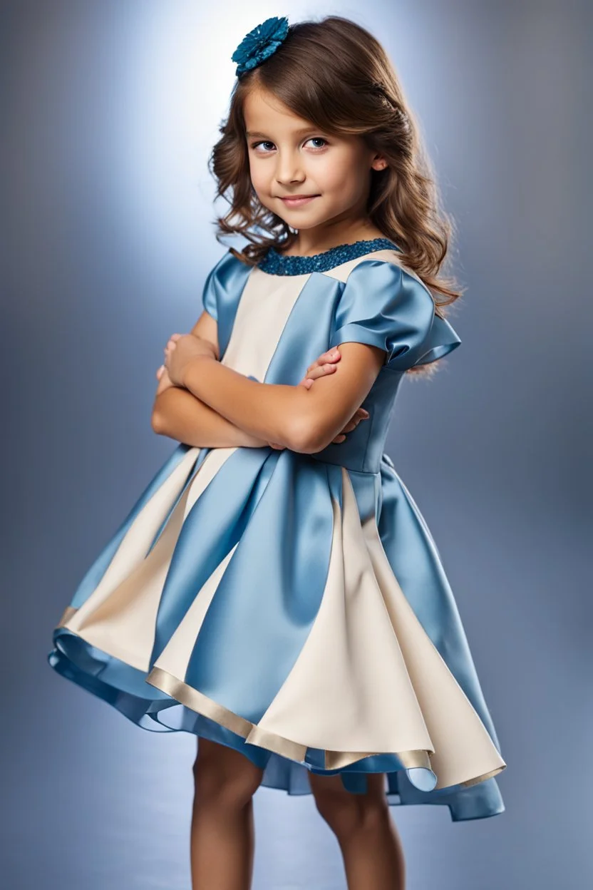 Little 8 years old girl wearing a dress, blue dress,standing pose