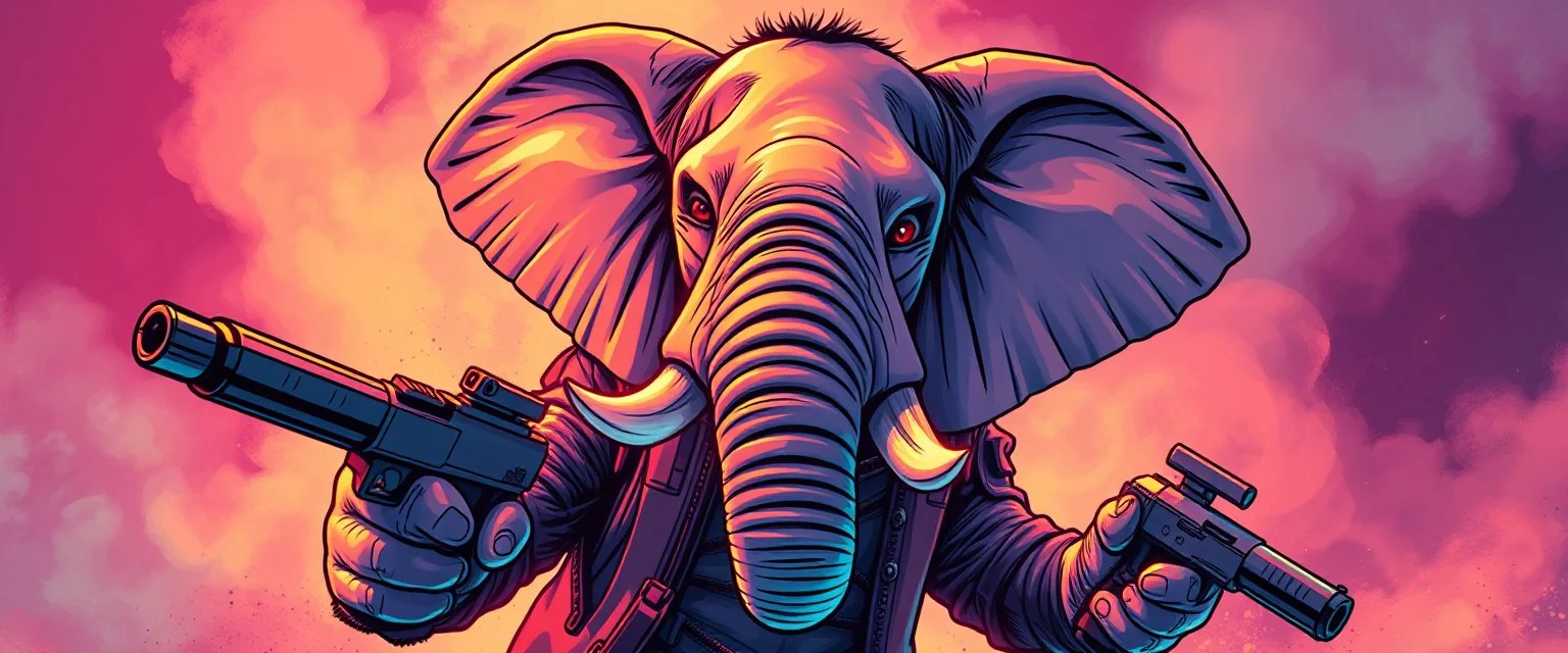 cute pen outline with some neon airbrush, let create a crazy wild elephant man holding guns and doing dangerous stuff - dynamic camera push-in revealing intricate details in motion. Epic cinematic wide-angle camera swoops down, hazy neon background with gritty border