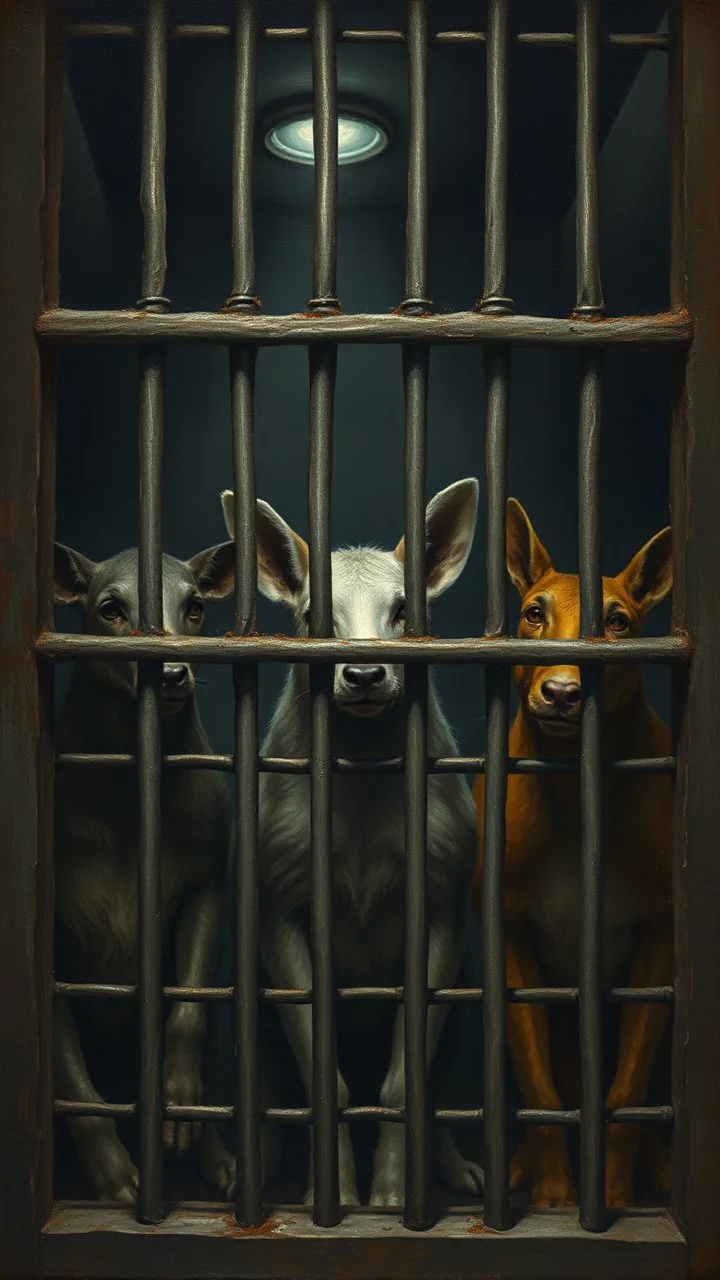 Bosch painting style nightmare, scare animals locked behind bars , in dark prison environment with dim lights like 1800 prisons .