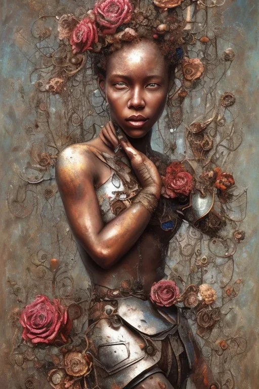 an abstract painting of rusted metal and flowers, heart filled with love African slave lady working, rust, scaffolding, iron cladding, decay, mixed media, textured, anatomically correct, beautiful perfect face, sharp focus, highly detailed