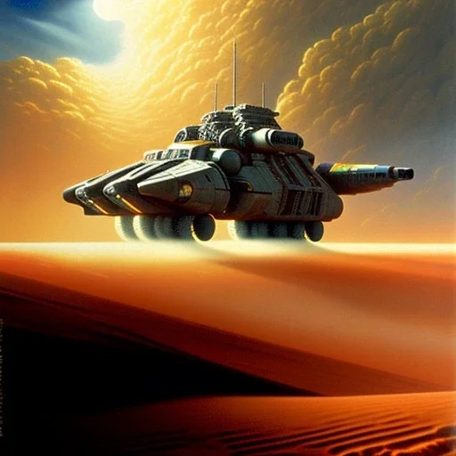 dramatic Chris Foss painting of a scene with an armored hovercraft with gun turret in the desert with stormy sky and a duststorm