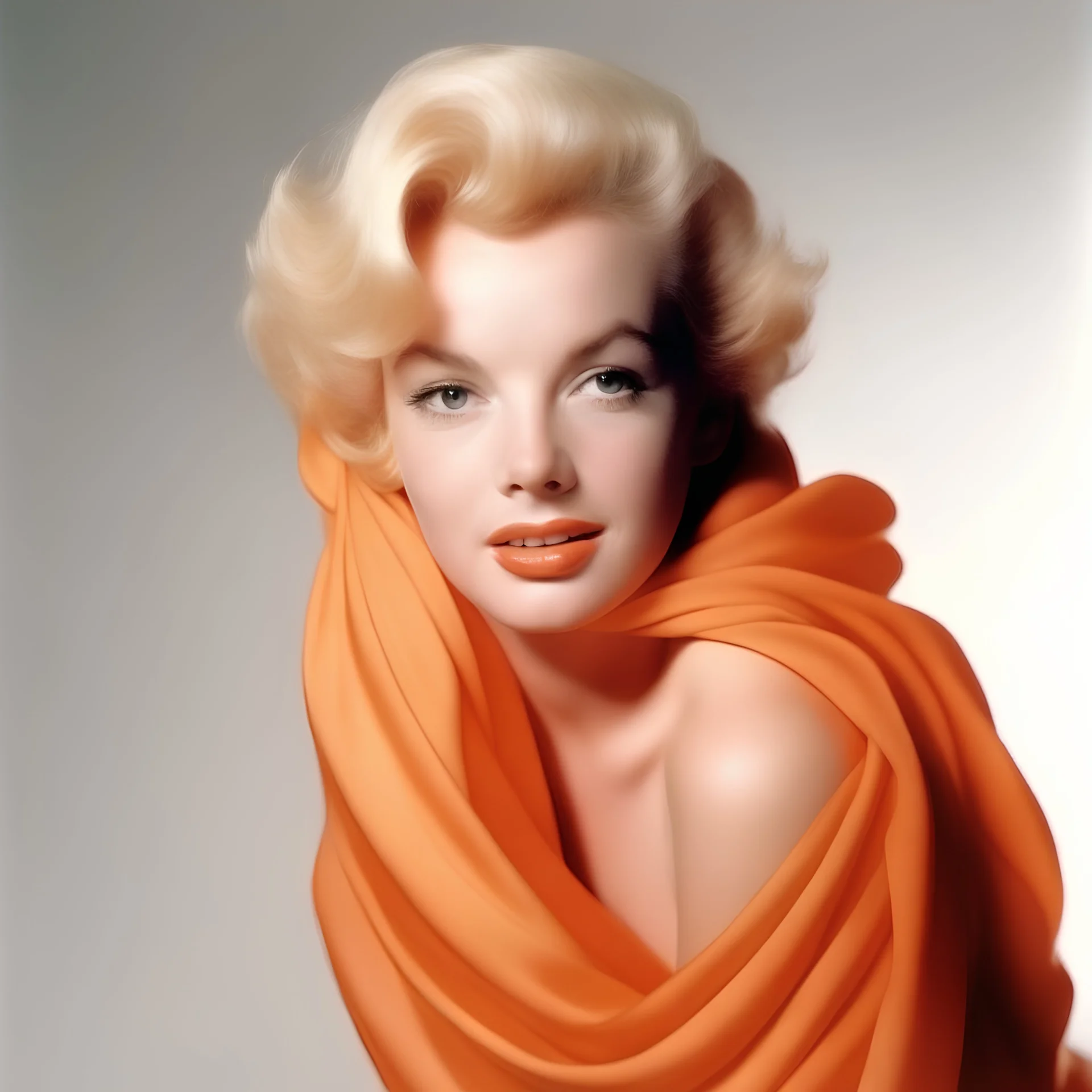 A photograph of marilyn monroe, with childish, with spiky hair, no make up, in the style of milton greene, a pale orange silk scarf around her shoulders, white bacground