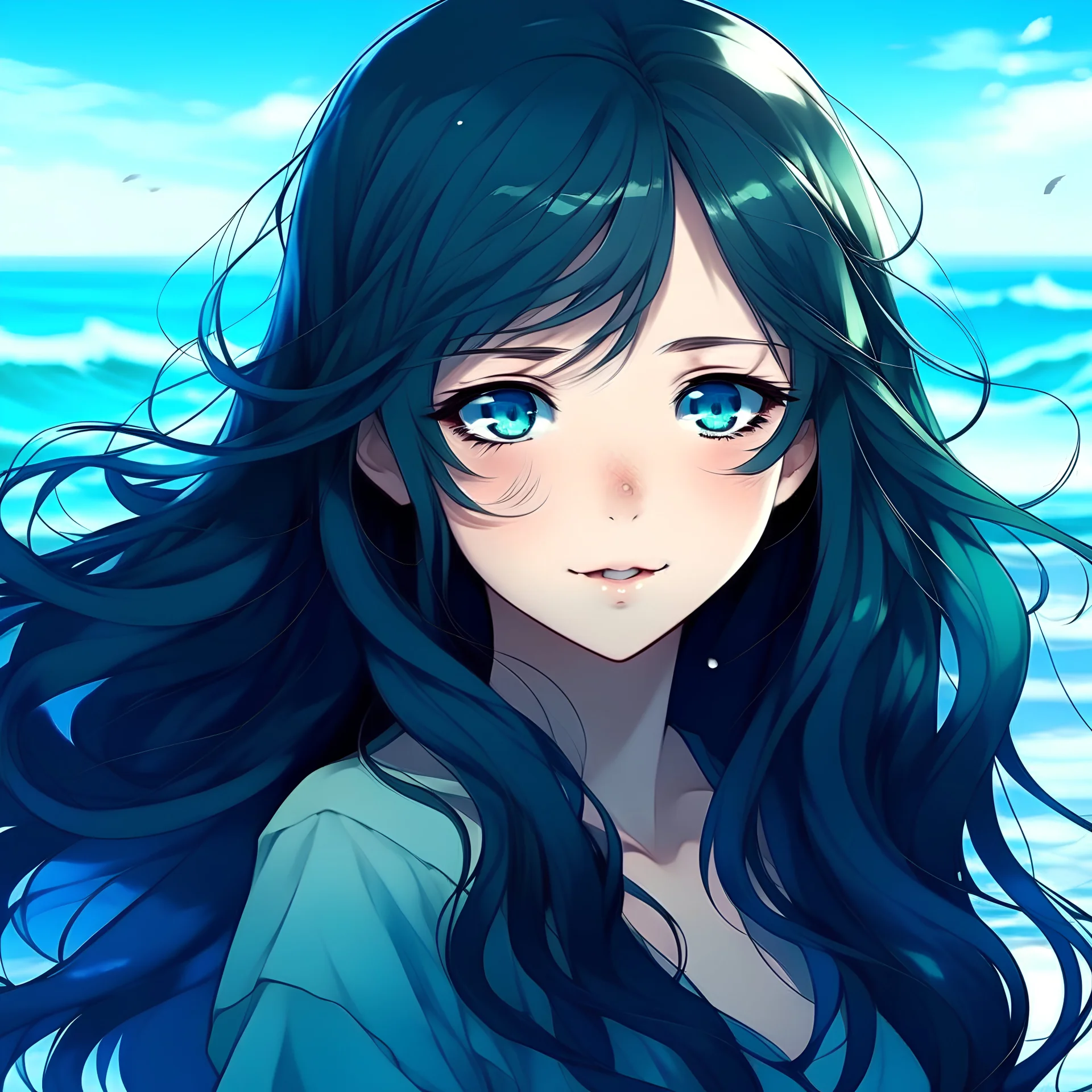 Teenage girl, long wavy black hair, ocean blue eyes, anime style