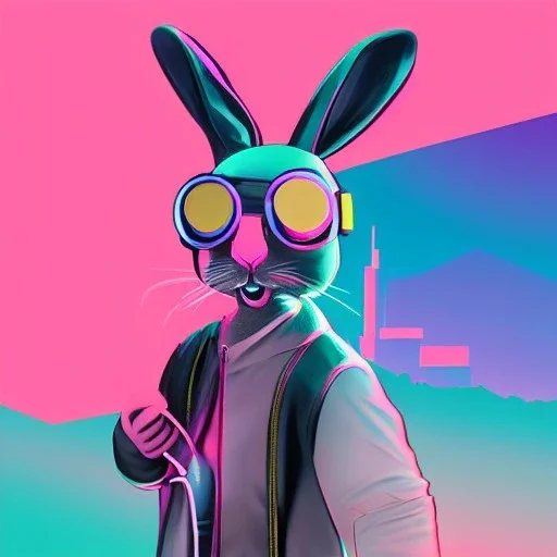 stylized anamorphic Rabbit, smiling, cyberpunk headphone, sunglass, gangsta gold neckless, full body, magenta puffer jacket, manila city backdrop, dramatic lighting, hyper realistic, unreal engine 5, 16k
