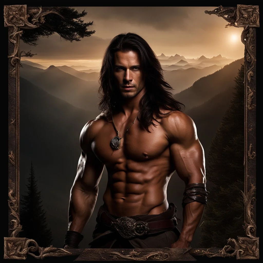 Handsome and muscular 30 year old shirtless mountain man long dark hair, dark fantasy, no background