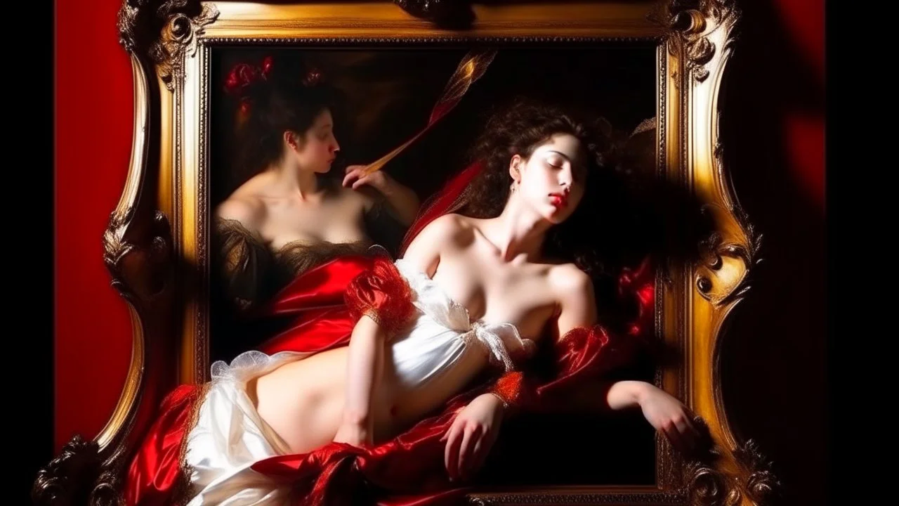 Reclining Venus on crimson silk fabric, pearly and luminous skin, reflected in a mirror held by Cupid, dark hair gathered with silk ribbons, soft and elegant curves in the style of Velázquez, dramatic side lighting, intimate atmosphere of the Spanish Golden Age, classical Baroque painting style