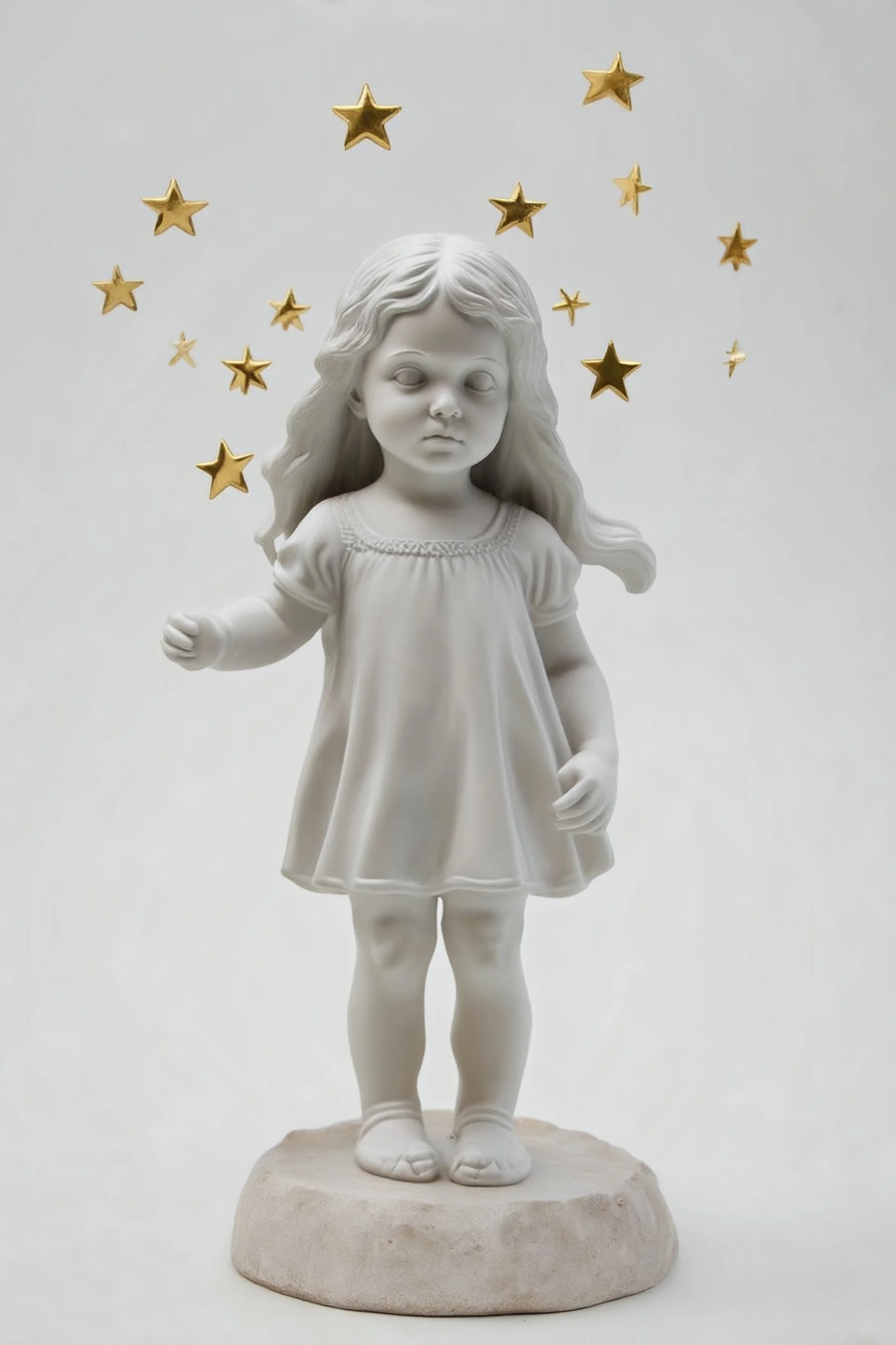 Sculpture en étoiles, petite fille aux cheveux longs, fond blanc