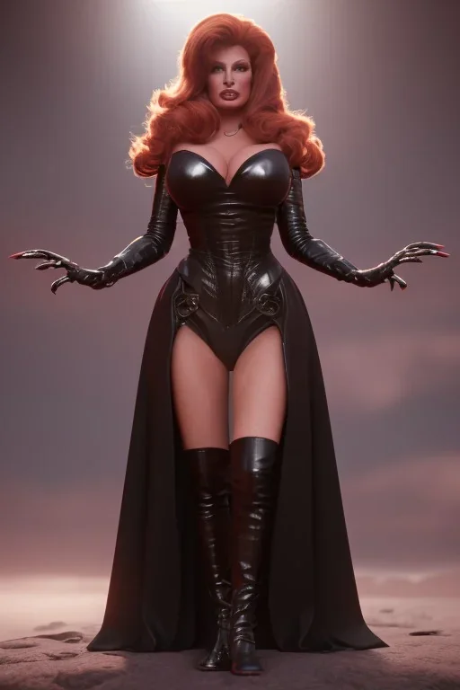 Raquel Welch as evil queen in black leather gown, angry, busty, curvey, cleavage, unreal 5, octane render,cinema4d, dynamic lighting, dramatic lighting, 4k, redshift render, highly detailed, hyper realistic