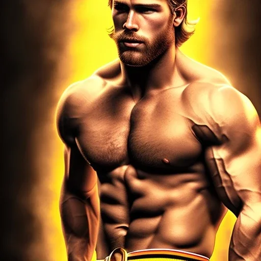 Ignore NSFW, teenager young rugged attractive slightly muscular fantasticly handsome blonde man, red briefs with yellow belt, hairy chest, (((visibly pisssing))) briefs, large erect visible boner peniss, photorealistic, artist Jay Anacleto, soft lighting, scruffy beard