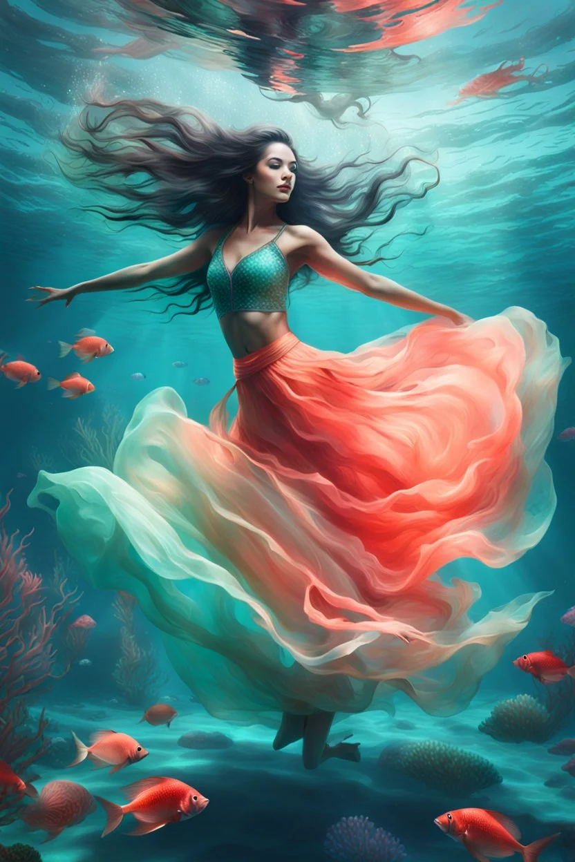 A graceful dancer wearing flowing skirts, in bright beautiful colors, underwater in a crystal clear jade colored ocean. Her long dark hair is flowing behind her. Bright coral and sea plants in the background. High resolution, high quality, 8k ultra high definition, high key realism, full body shot, contemporary art style