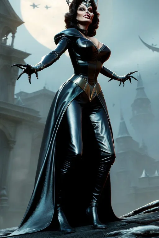 Sophia Loren as evil queen in black leather by Greg Rutkowski, Sung Choi, Mitchell Mohrhauser, Maciej Kuciara, Johnson Ting, Maxim Verehin, Peter Konig, 8k photorealistic, cinematic lighting, HD, high details, dramatic, atmosphereric, trending on artstation