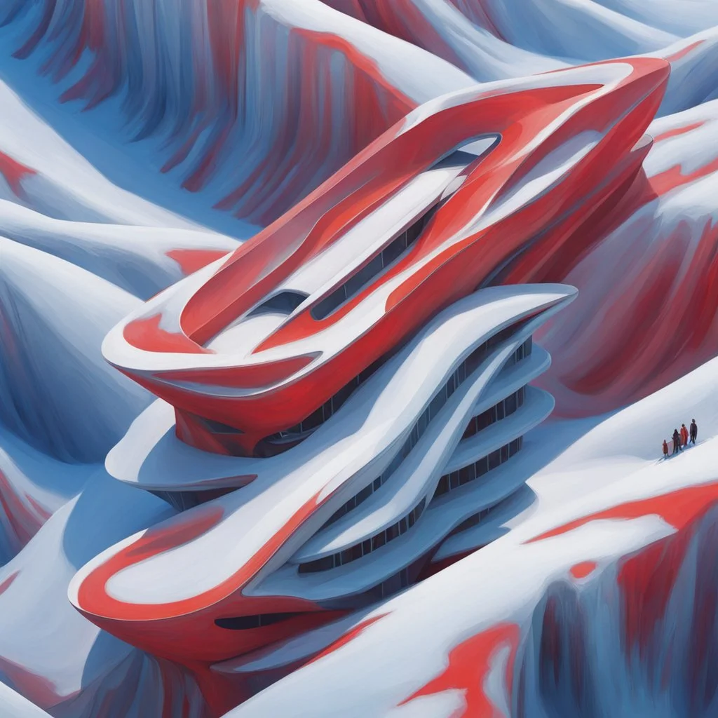 Aerial view Zaha Hadid style snow hut, digital art, hyper-detailed, red and blue colors, 8k oil painting