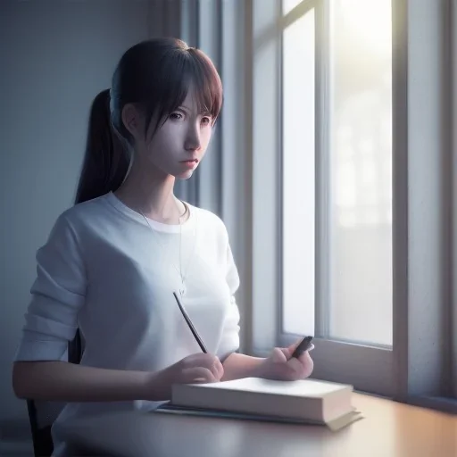 female student studying by the window, anime style,perfect face, cool face, ultra detail, unreal engine 5, cinema4d, sun light, studio lighting --ar 1:1 --v 4