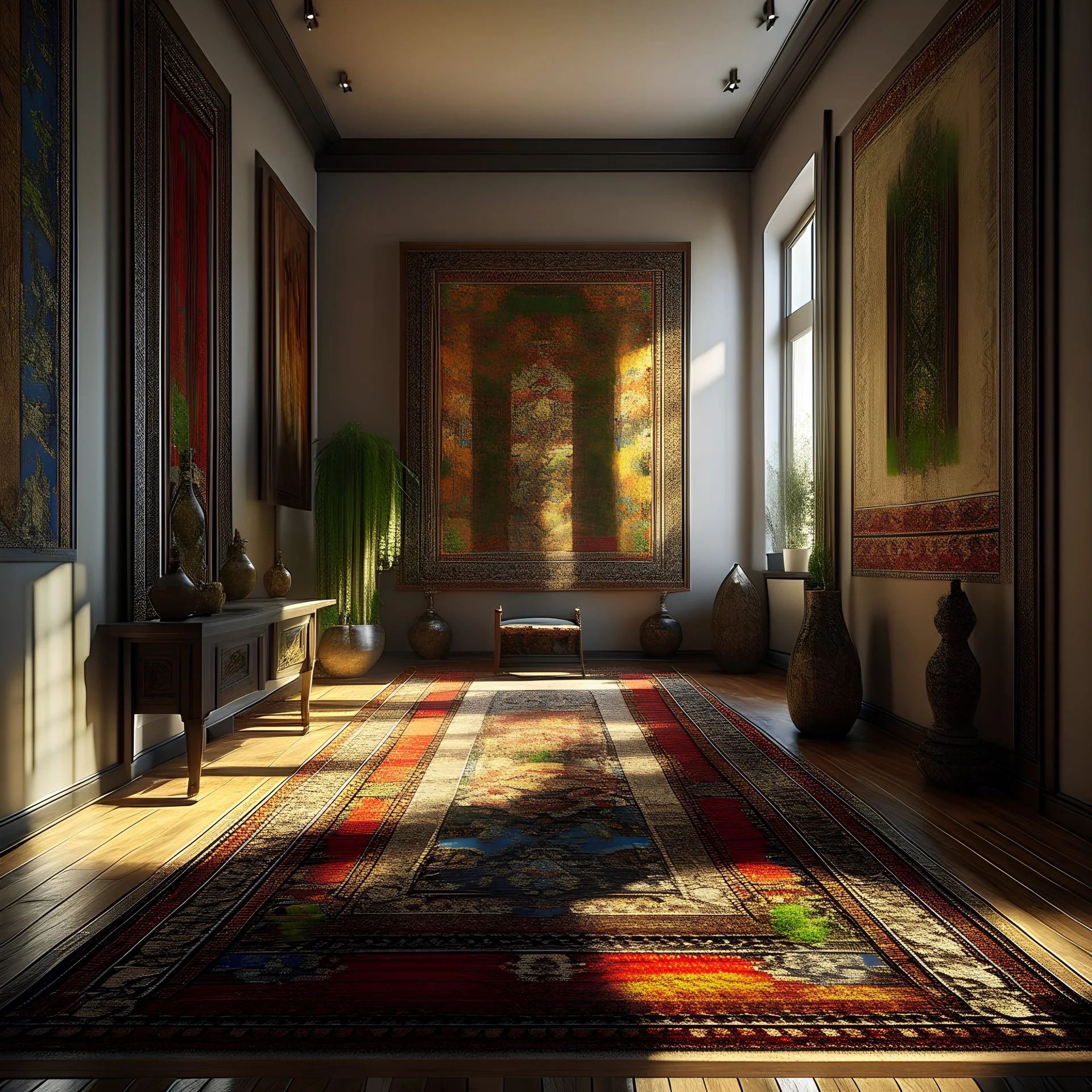 An exquisitely vibrant room, flooded with natural sunlight, adorned with a luxurious rug and a striking painting on the wall. This photorealistic 3D render showcases a mesmerizing shaman, beautifully detailed with intricate textures, as if it came to life. The expert use of Lumion has brought this hallway landscape to its fullest potential, captivating viewers with its breathtaking beauty. A masterpiece that transcends trends, hailed on ArtStation's artistry platform. Rendered with unparalleled