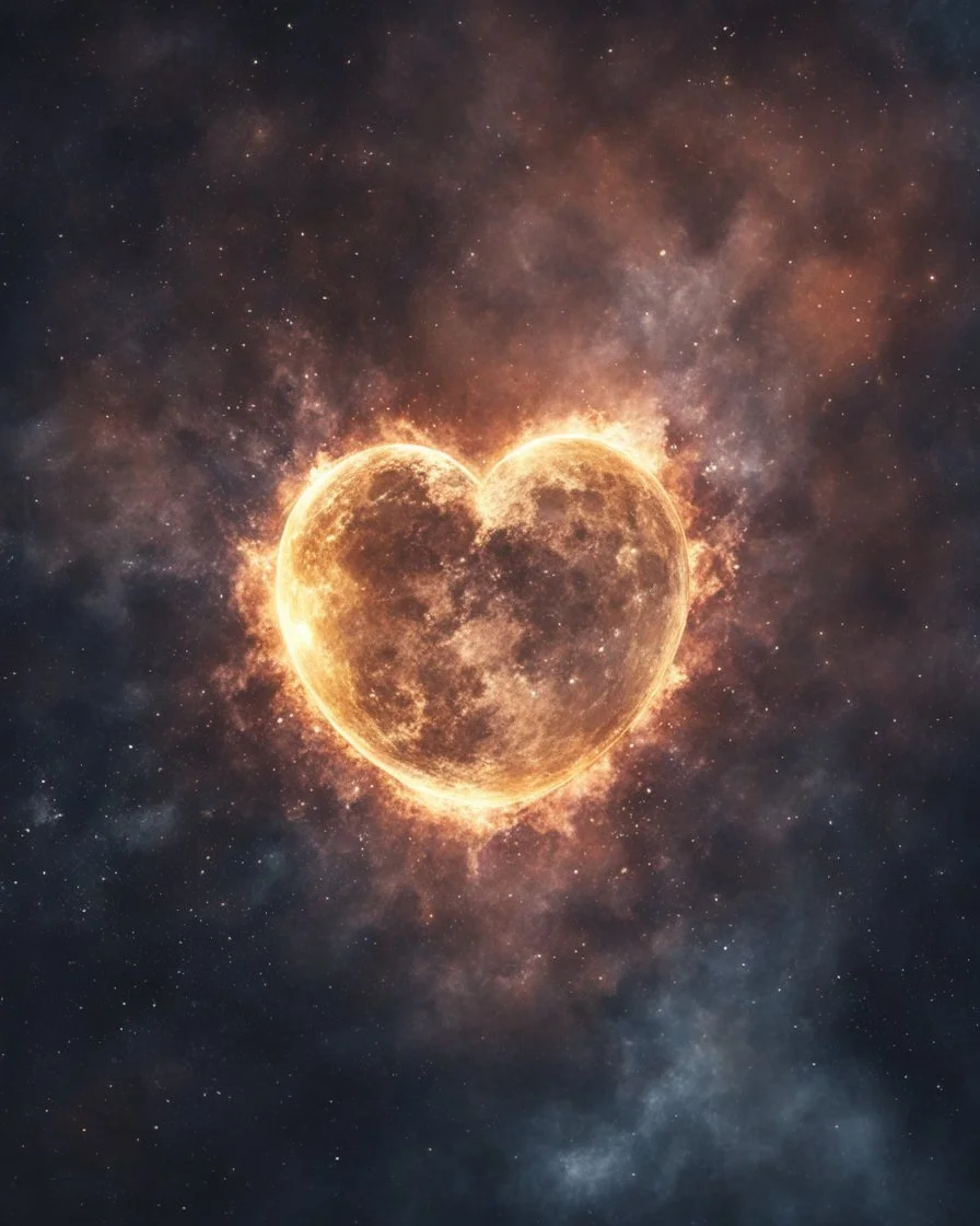 Moon, biological heart, cinematic, {abstract}, depression, space background, atmospheric, fire, DLSR, soft focus, dispersion