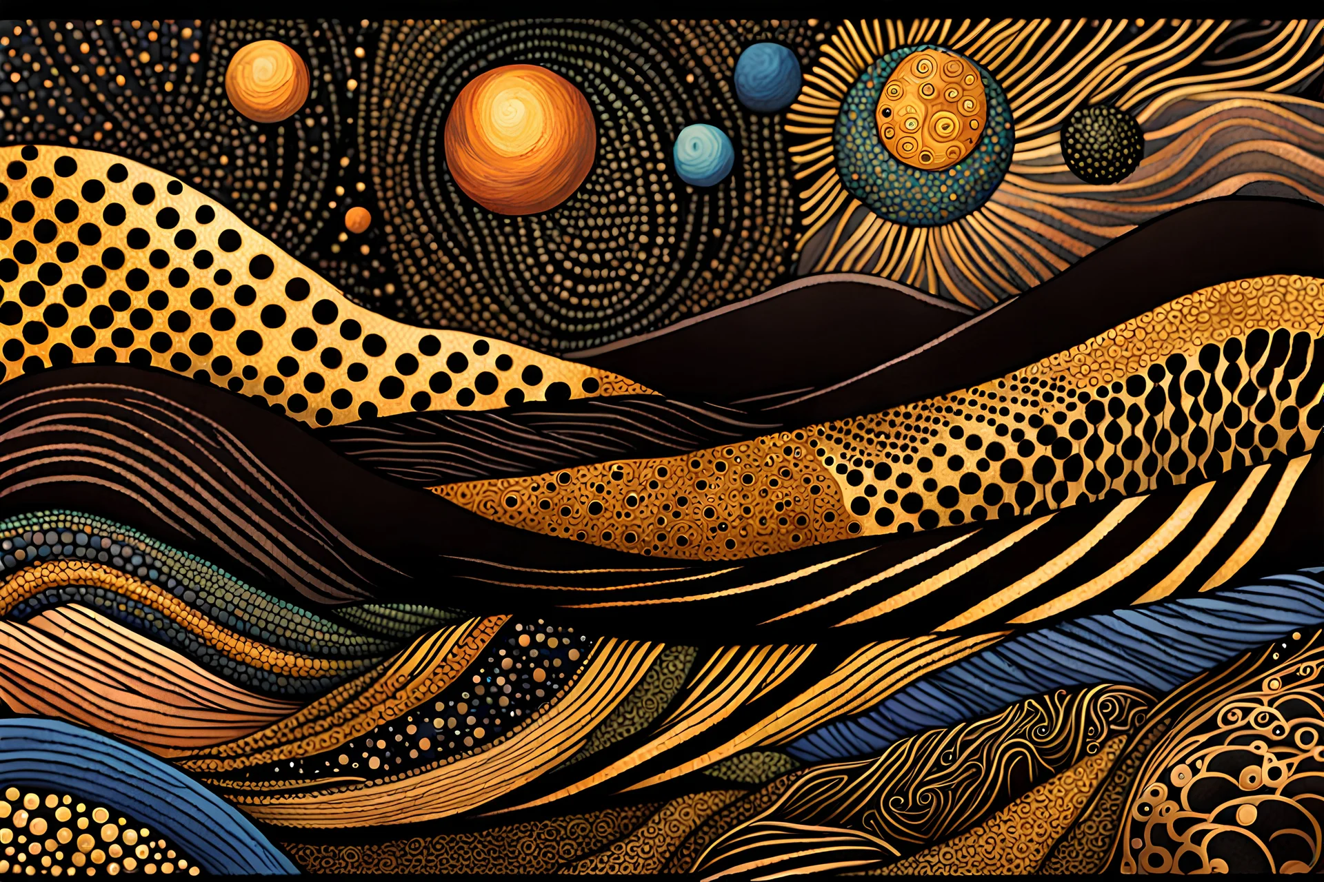 random color Zentangle patterns in the styles of Fumihiro Kato, Rebecca Vincent, Yayoi Kusama, Kiyoshi Awazu and Kay Nielsen that depict rolling hills and flowing rivers, cosmic swirls, dot painting, planets, black and gold