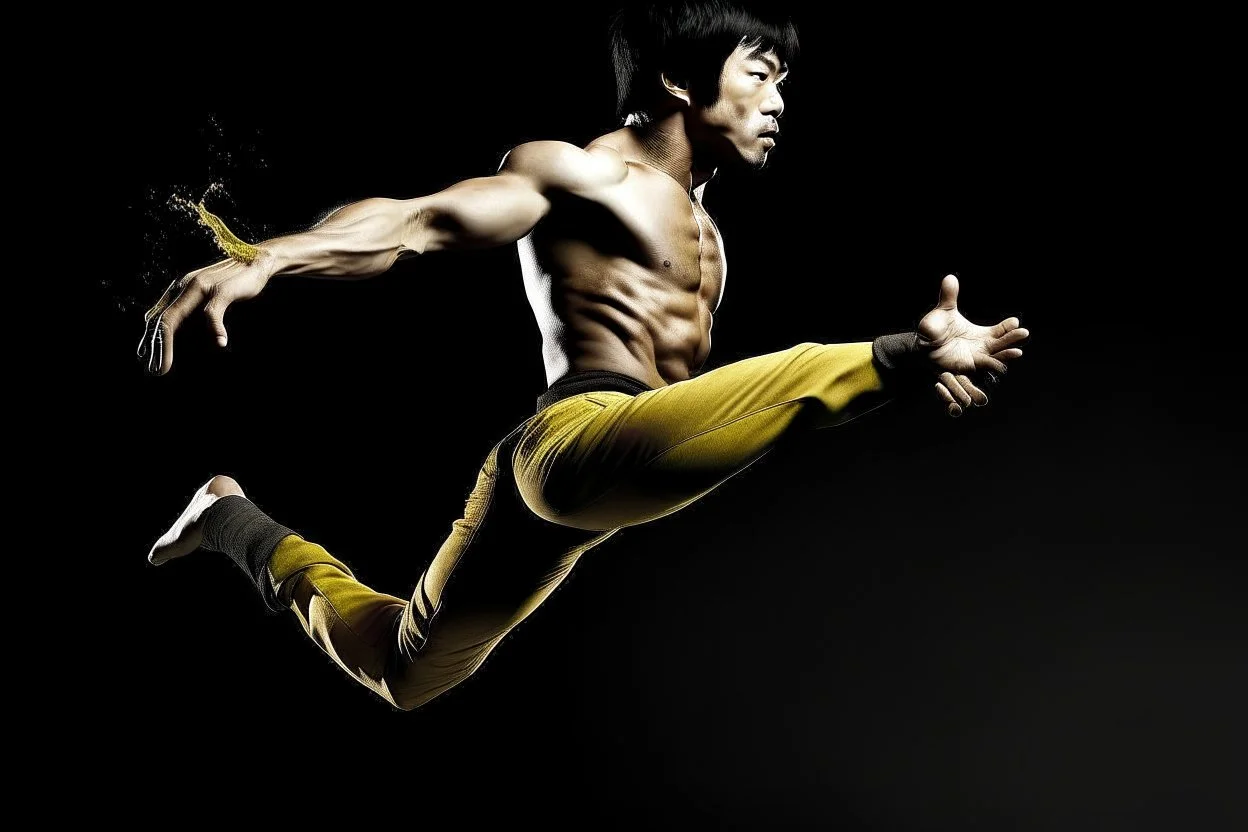 bruce lee,photo realism,in,his,prime,doing,flying,kick