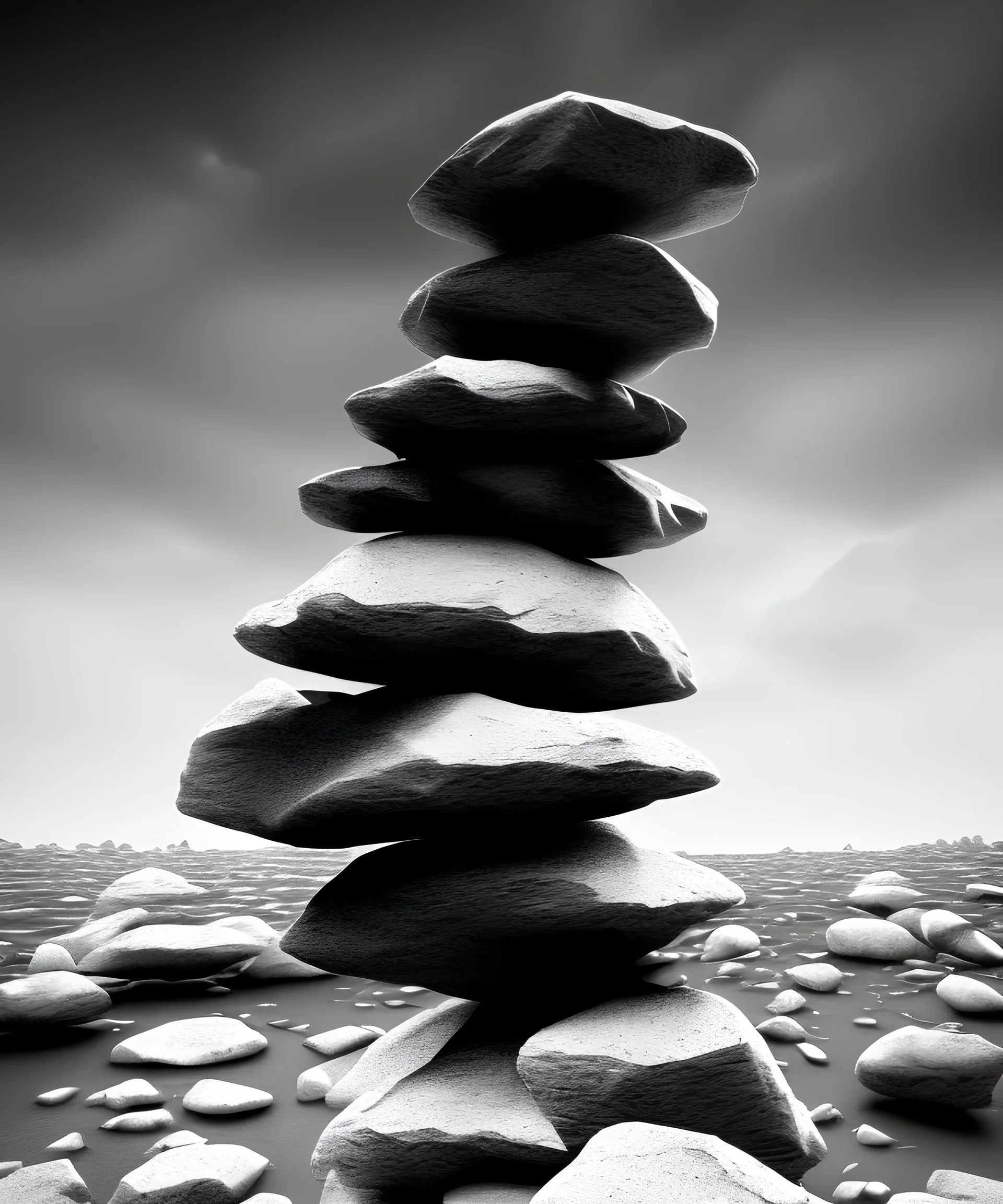 giant rocks stacked on top of eachother, black and white