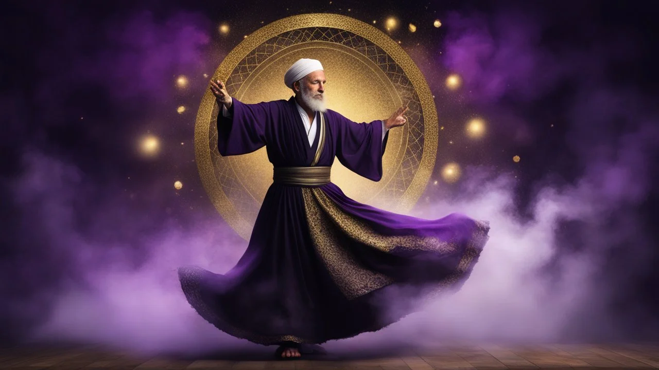 Hyper Realistic Old Male Sufi Whirling with Black, & Purple Islamic Sufi Rustic Grunge Background with golden crystals & fog around at night