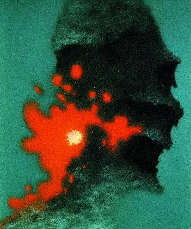 broken skull. black background. smoke and explode. particles in air. teal and orange. abstract. beksinski.