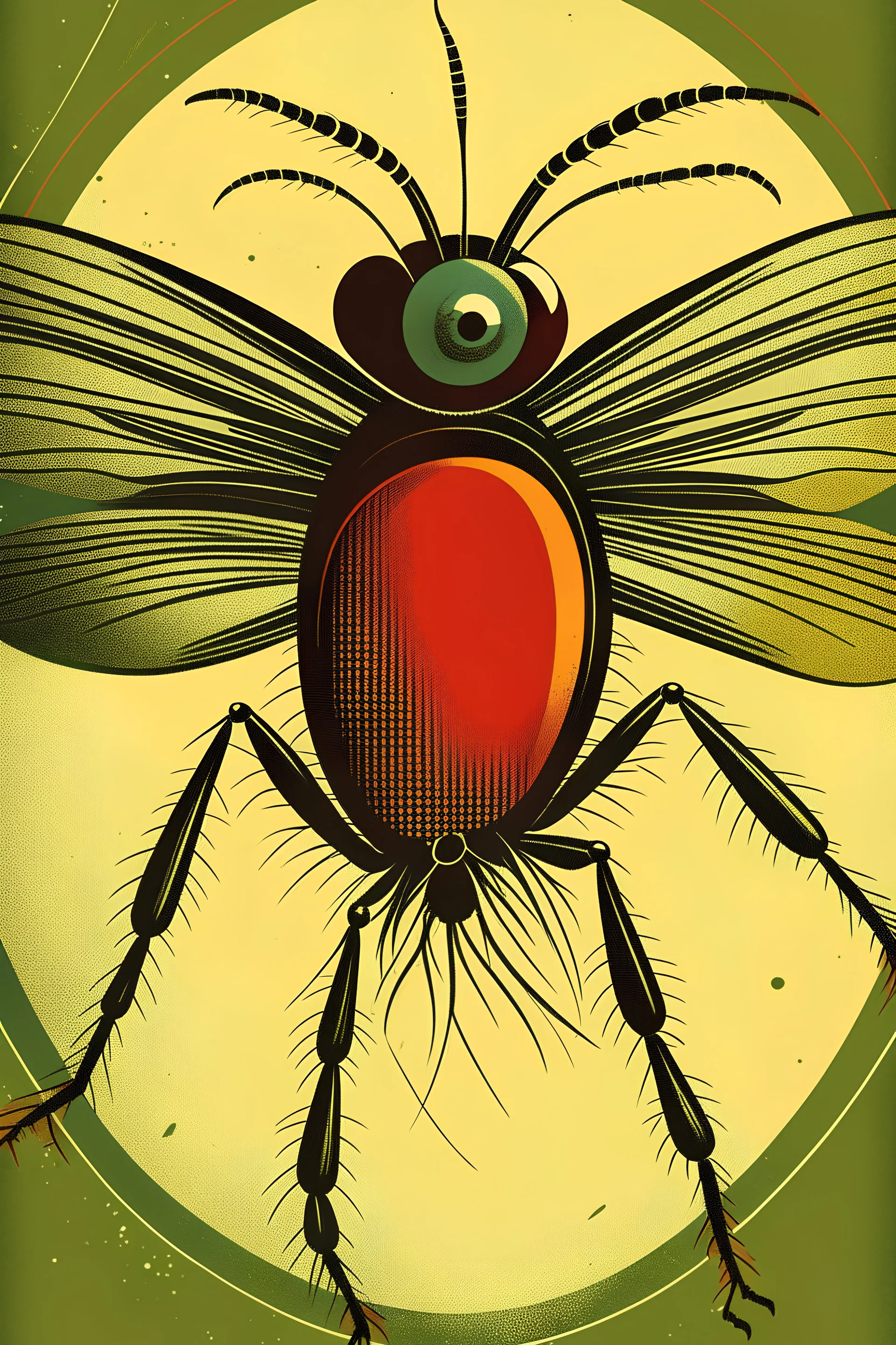 70's style book cover depicting a mosquito larva in the style of J.G. Ballard